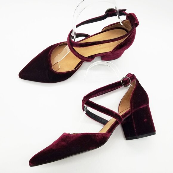 Garnet Hill Esta Crossover Strap Block Heels Burgundy Velvet Size 38 Pointy Toe - Picture 16 of 16